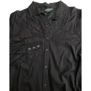 Lauren Ralph Lauren Women  Sz L Black Embroidered Floral Buttons Up Top